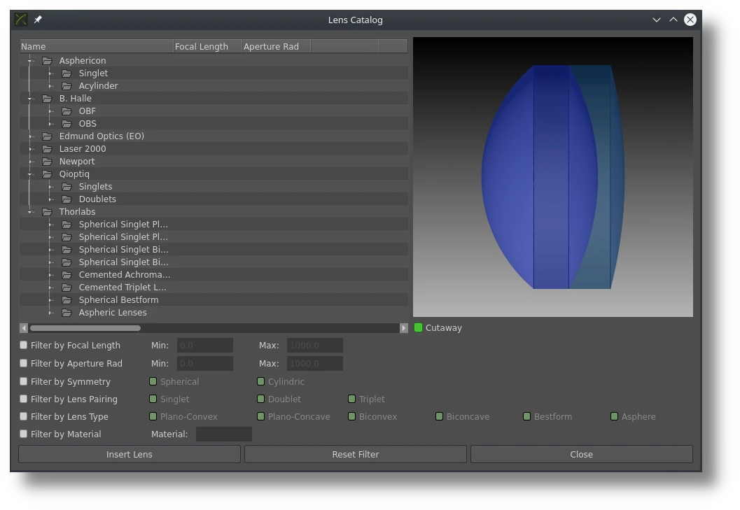 Thousands of lenses and materials are implemented in the lens- and material catalogs of the optical lens design and simulation software QUADOA Optical CAD