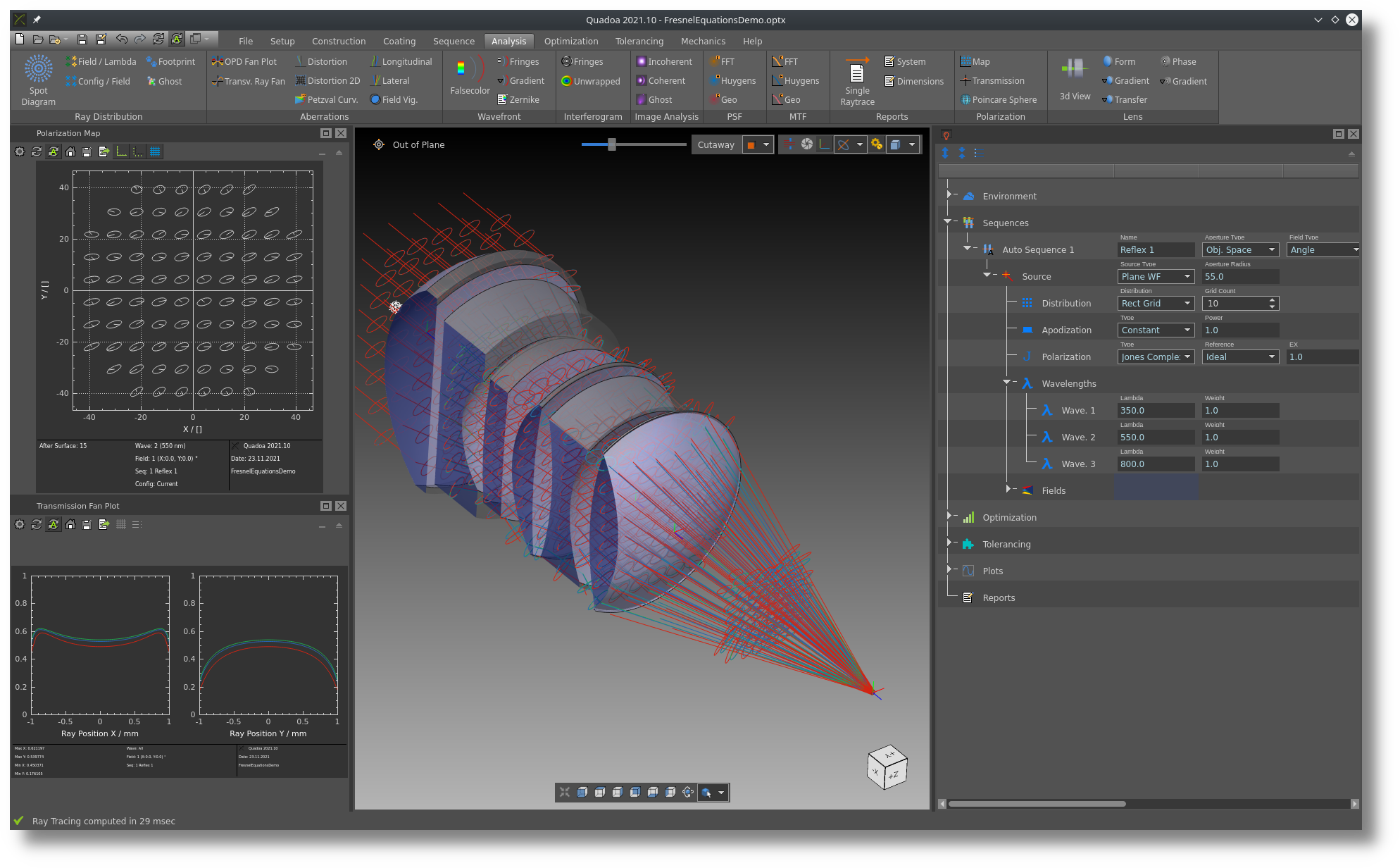 The optical design software QUADOA Optical CAD fully supports polarization raytracing