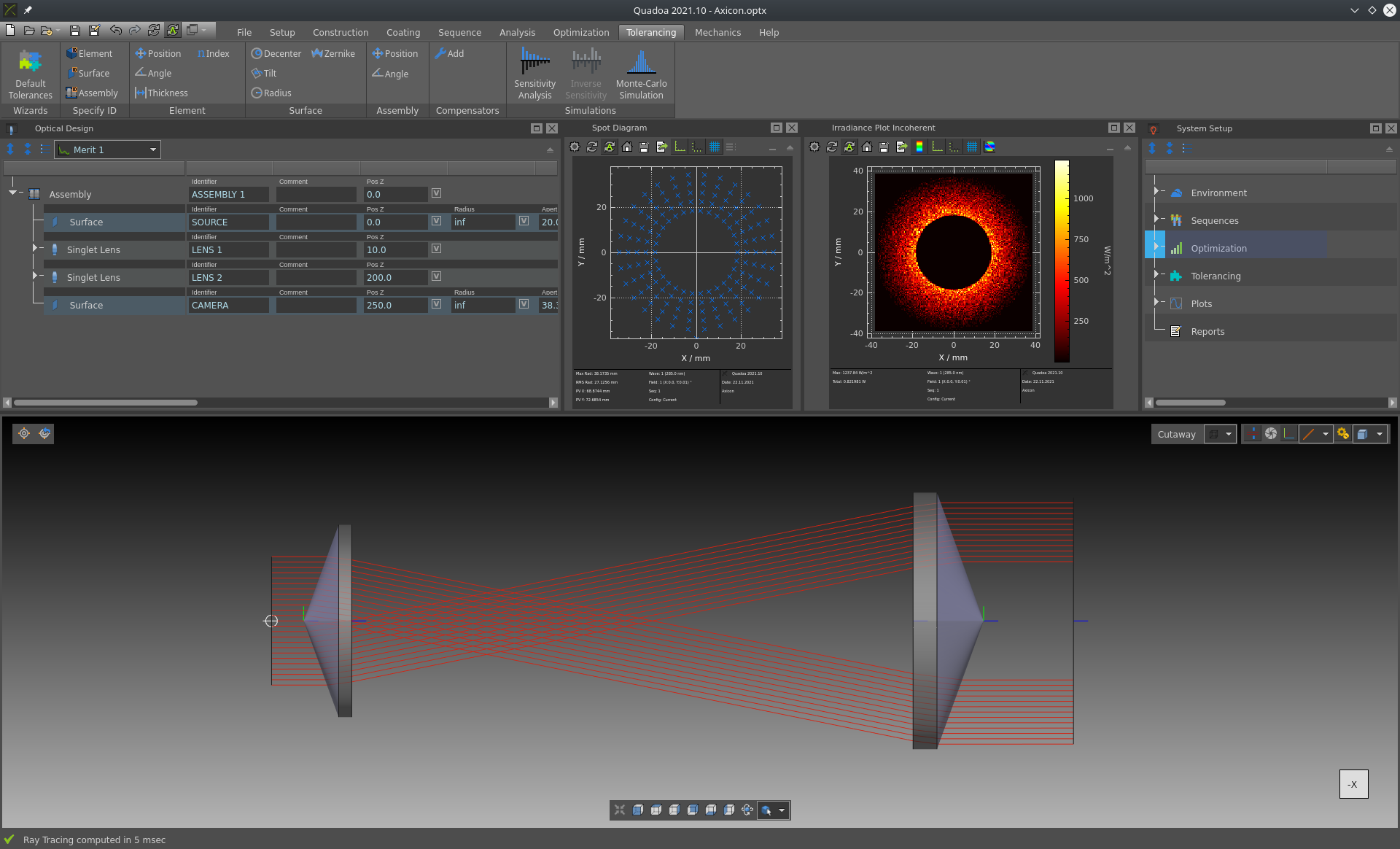 Axicon lens system in the optical design and simulation software QUADOA Optical CAD
