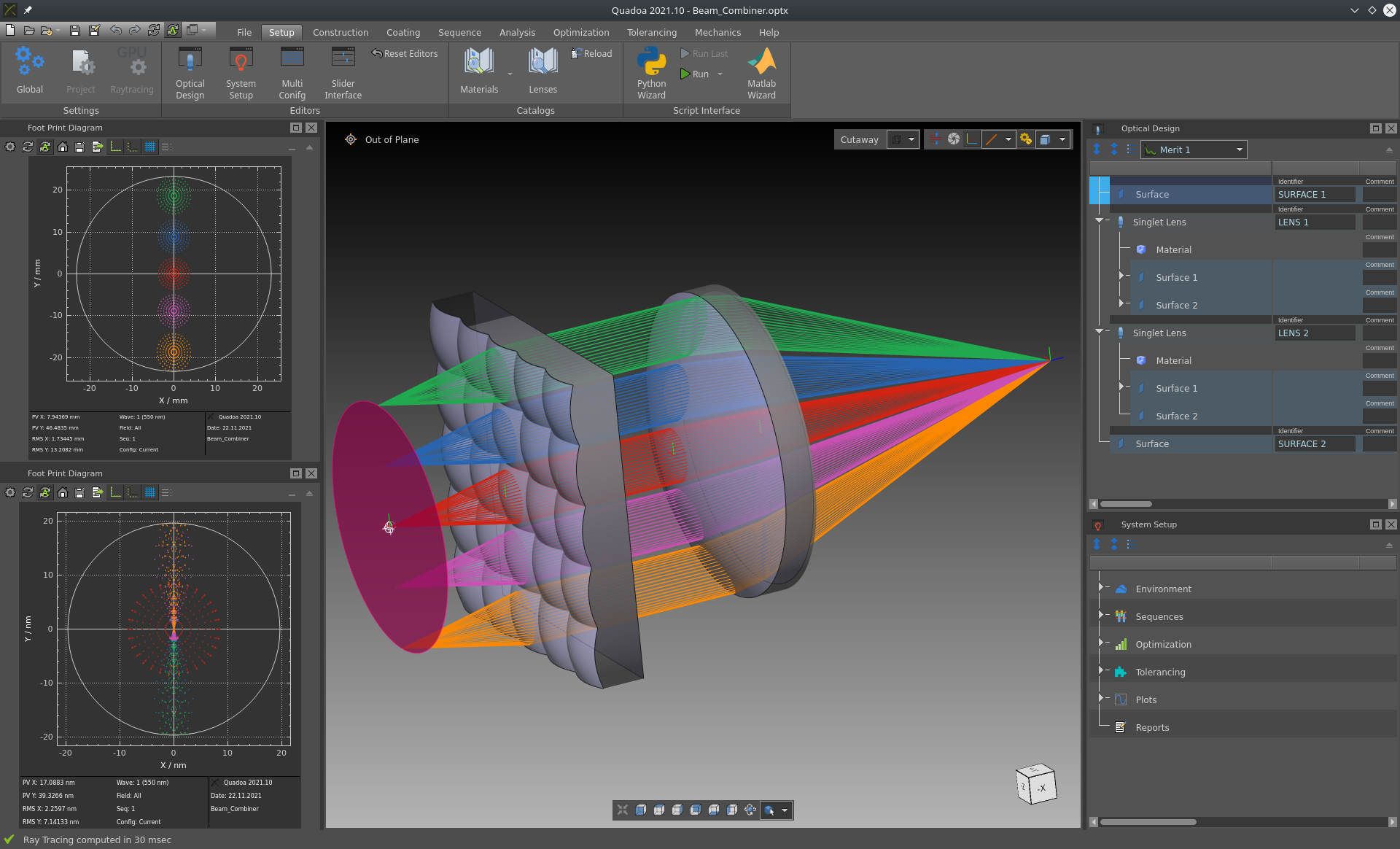 Micro lens array beam combiner in the optical design and simulation software QUADOA Optical CAD