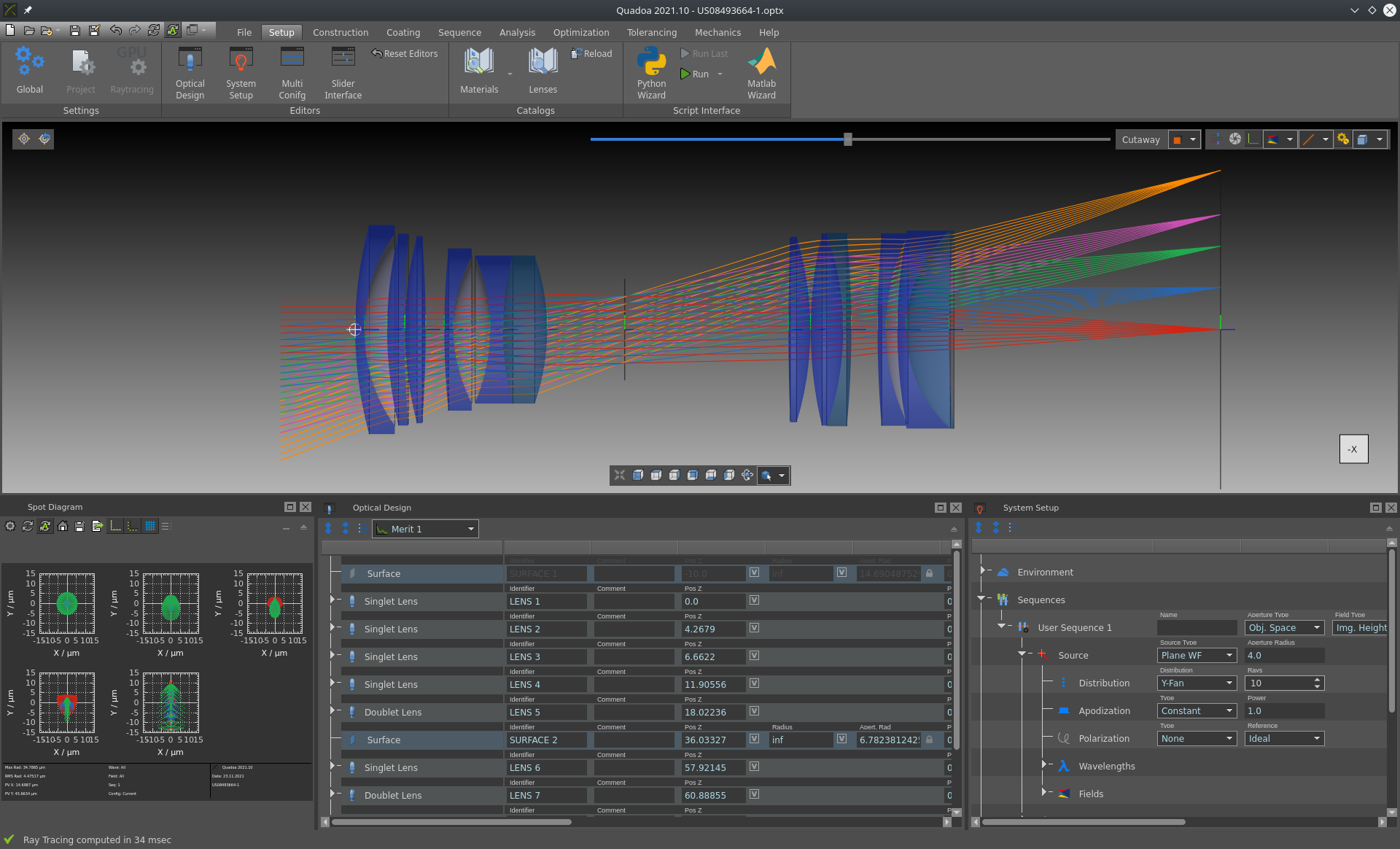 TV Camera lens system in the optical design and simulation software QUADOA Optical CAD