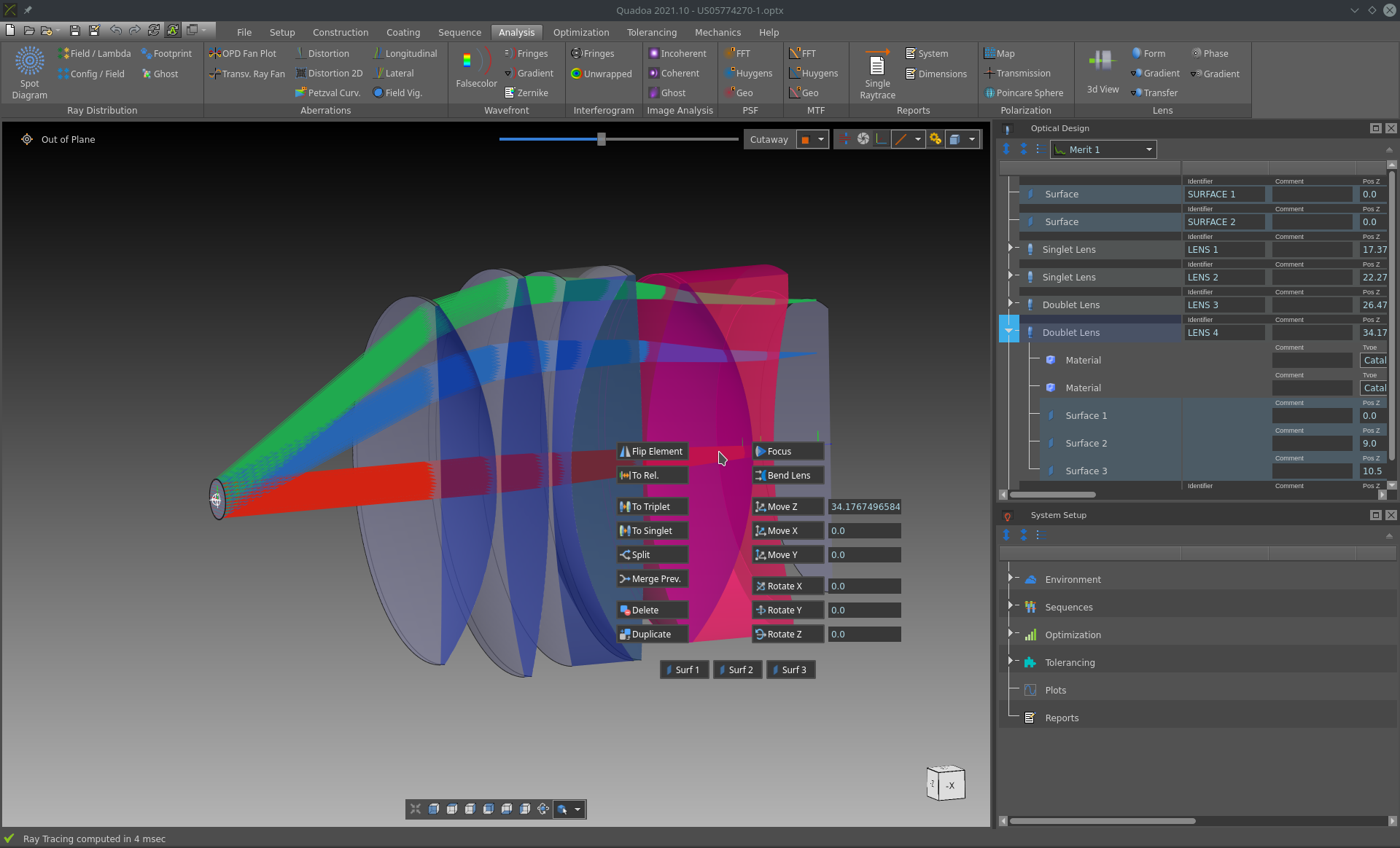 Eye piece for a telescope observation system in the optical design and simulation software QUADOA Optical CAD