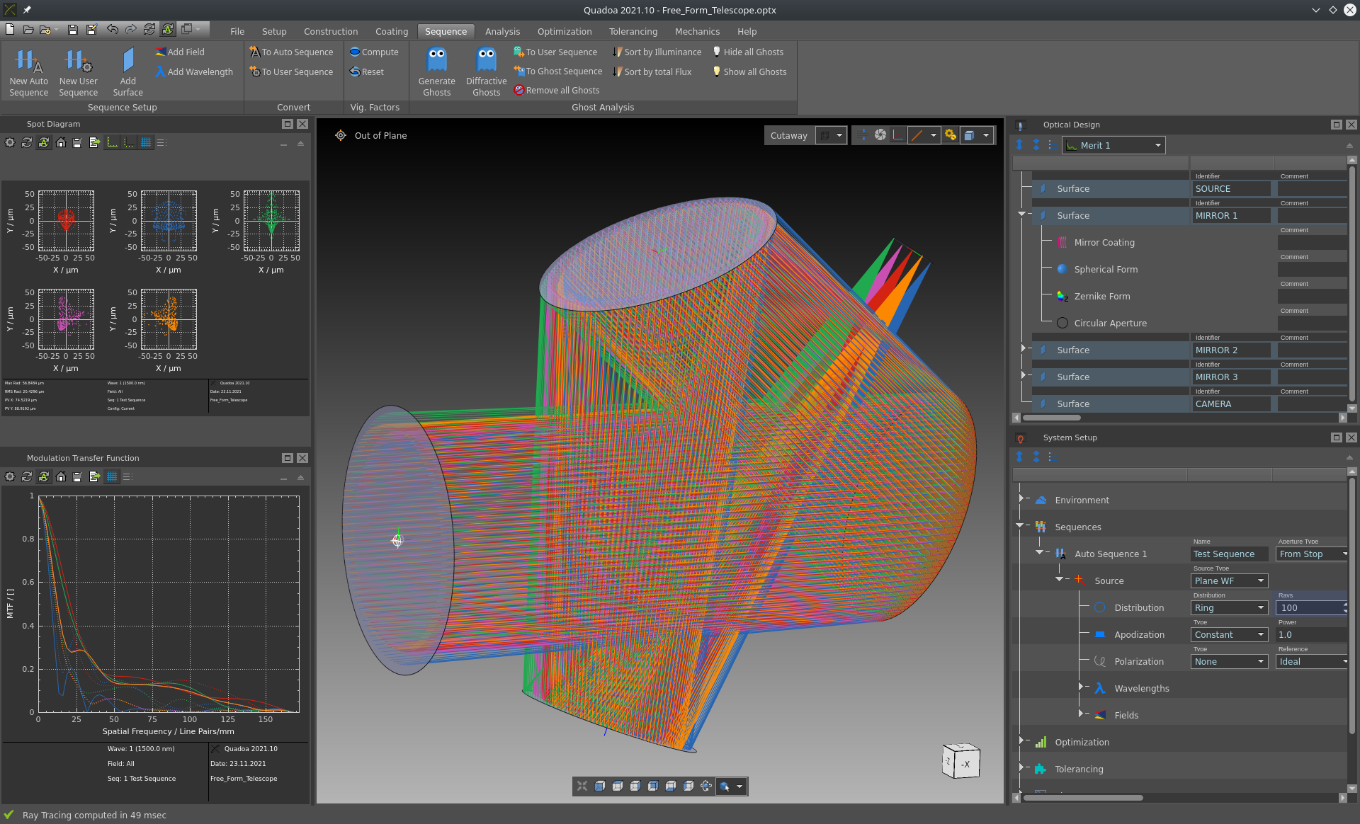 Freeform telescope in the optical design and simulation software QUADOA Optical CAD