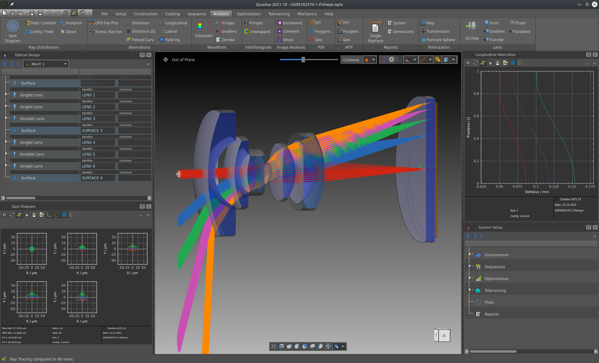 Fish eye camera objective in the optical design and simulation software QUADOA Optical CAD