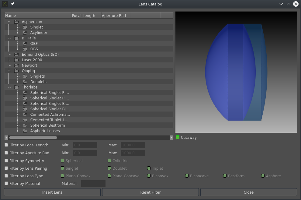 Lens Catalog in the optical design and simulation software QUADOA Optical CAD