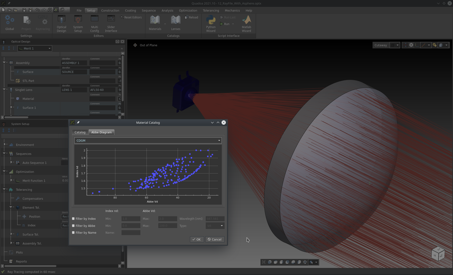 Material catalog in the optical design and simulation software Quadoa Optical CAD