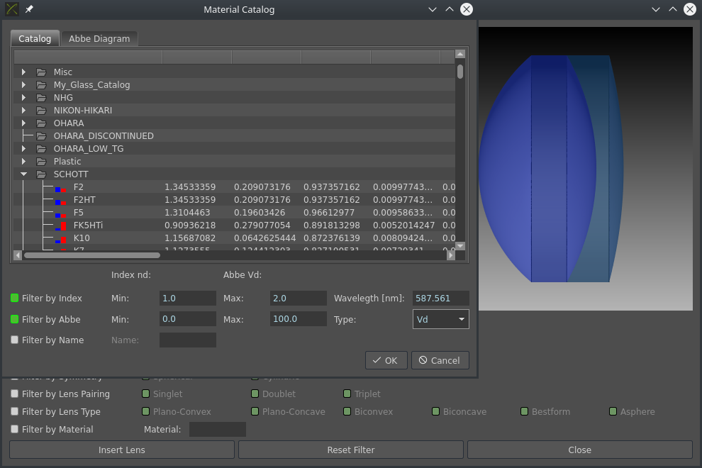 Thousand of materials implemented in the optical design and simulation software QUADOA Optical CAD