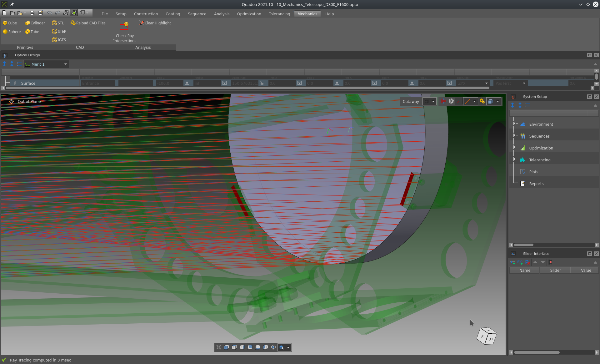 Mechanics-Ray intersection analyzer in the optical design and simulation software QUADOA Optical CAD
