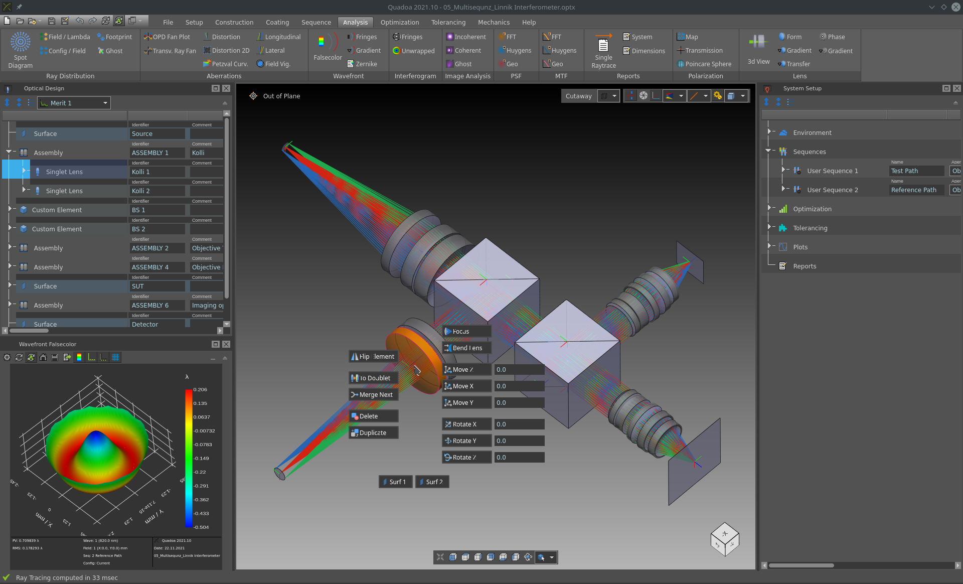 Interactive 3D GUI Menu in the optical design software Quadoa Optical CAD