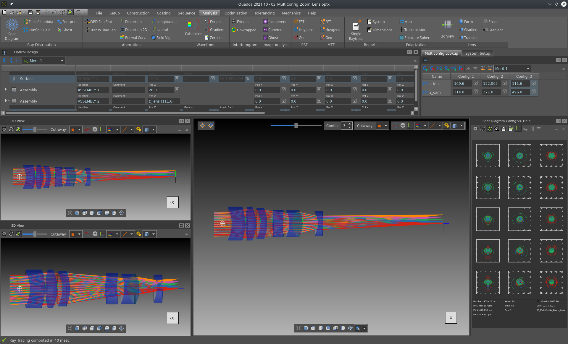 Zoom lens system in the optical design and simulation software QUADOA Optical CAD