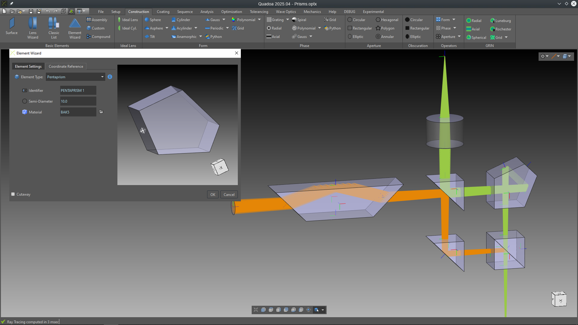 The Prism Wizard simplifies the creation of various prism types with just a few steps in the optical design and simulation software QUADOA Optical CAD