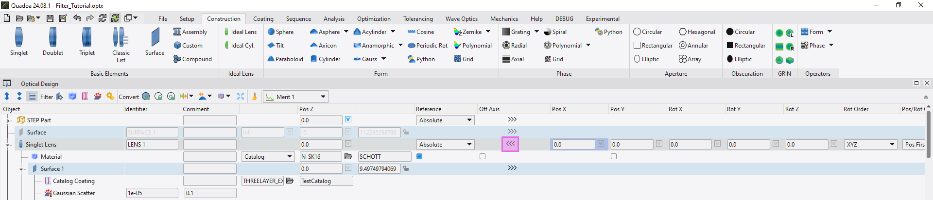 Quadoa Optical CAD Off-Axis Parameters in Optical Design Editor