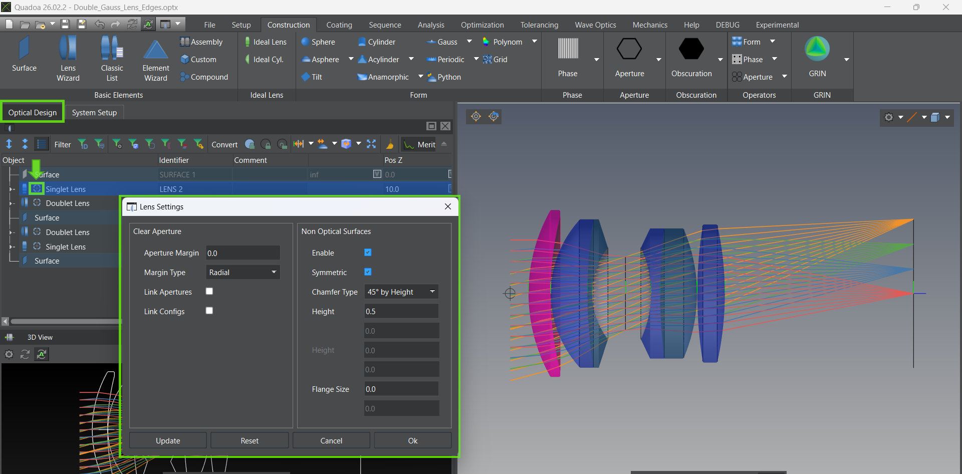 Lens Settings Editor in QUADOA® Optical CAD