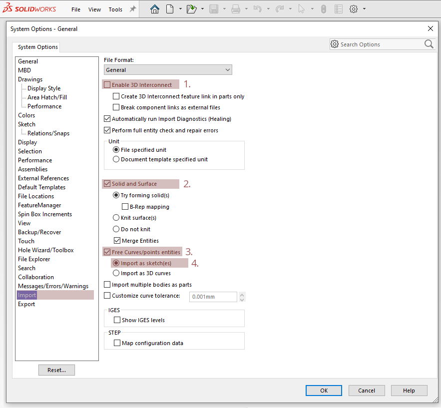 Solidworks ray import from QUADOA® STEP file